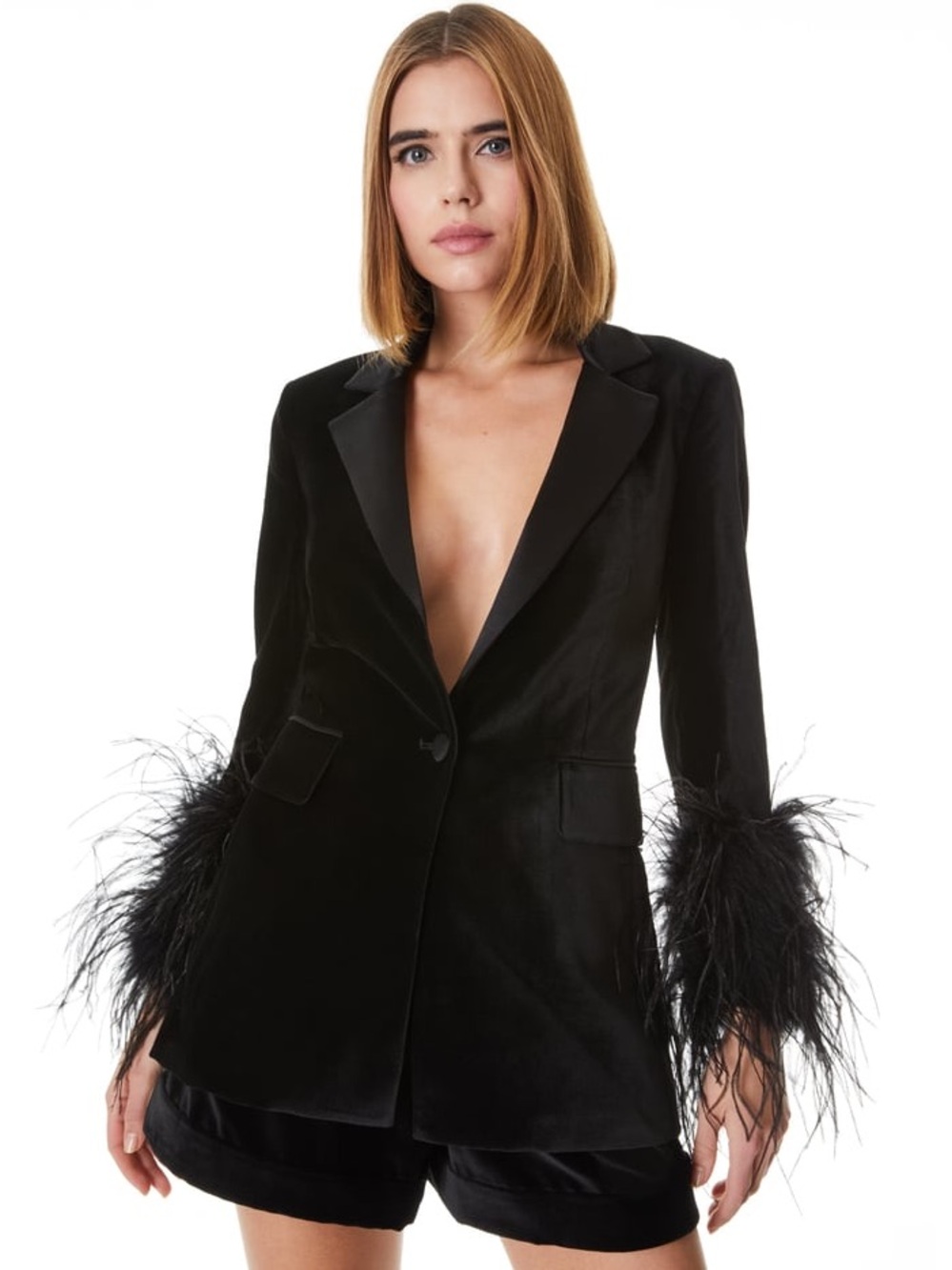 Alice + Olivia: Black Velvet Blazer with Feather Cuffs